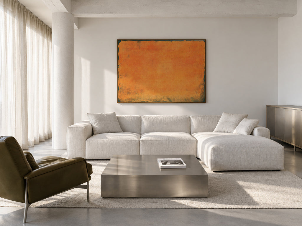 Minimal Orange Abstract Colorfield Painting 01 - Framed canvas in an interior