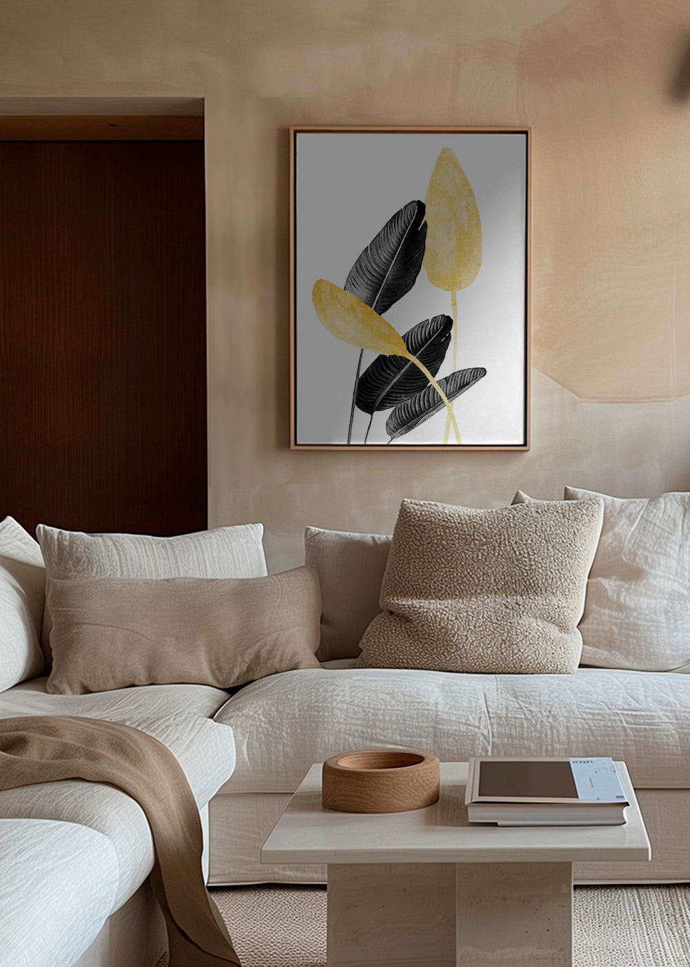Botanische print met zwarte bladeren en goud