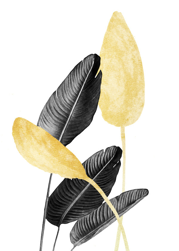Botanische print met zwarte bladeren en goud