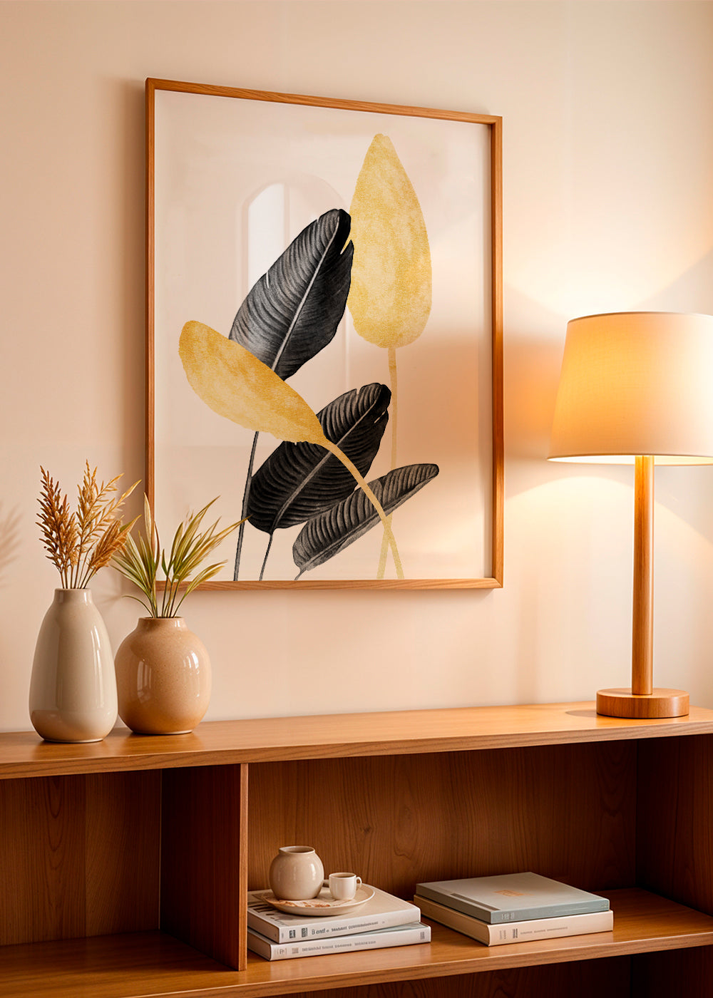 Botanische print met zwarte bladeren en goud