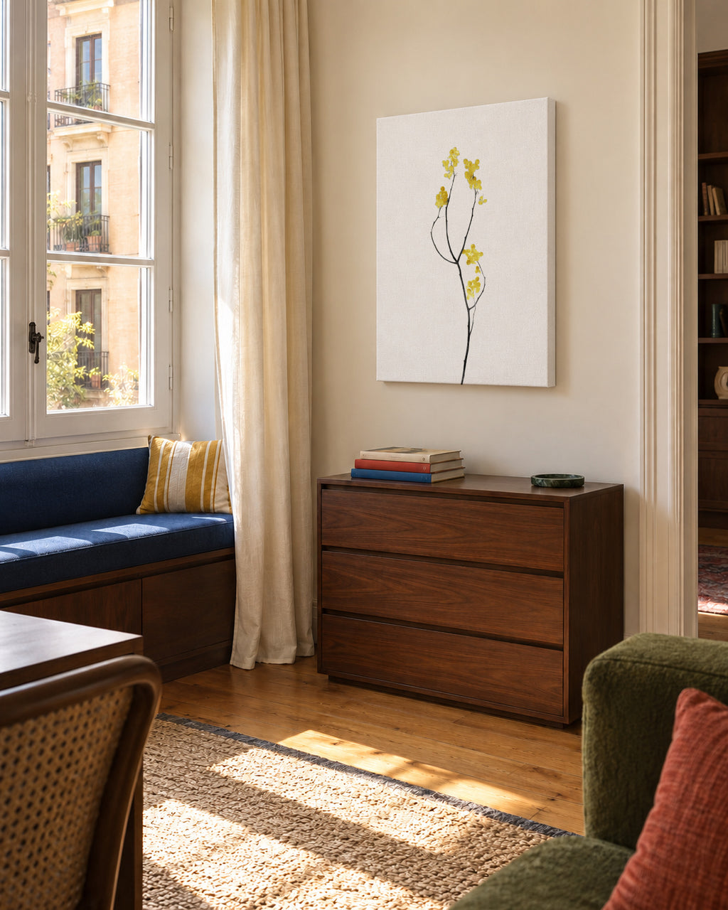 Flower Minimal Black and Gold 09 - Unframed canvas in an interior