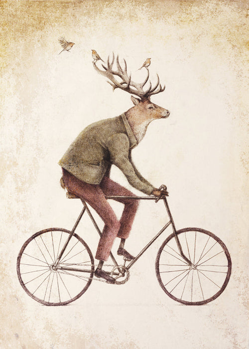 Vintage print: hert op fiets