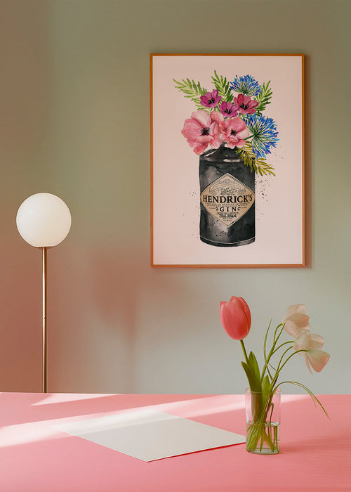 Botanische poster met Hendrick's fles en bloemen