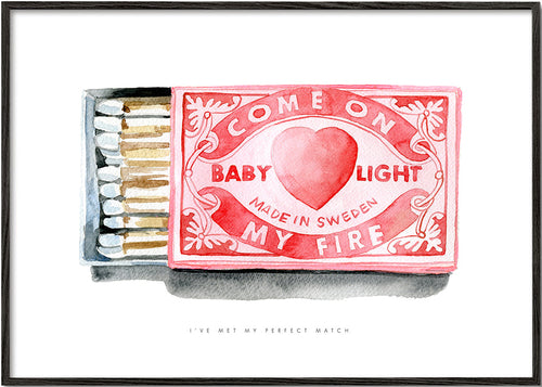 Illustratie van lucifersdoosje met hart in aquarel