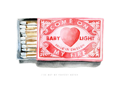 Illustratie van lucifersdoosje met hart in aquarel