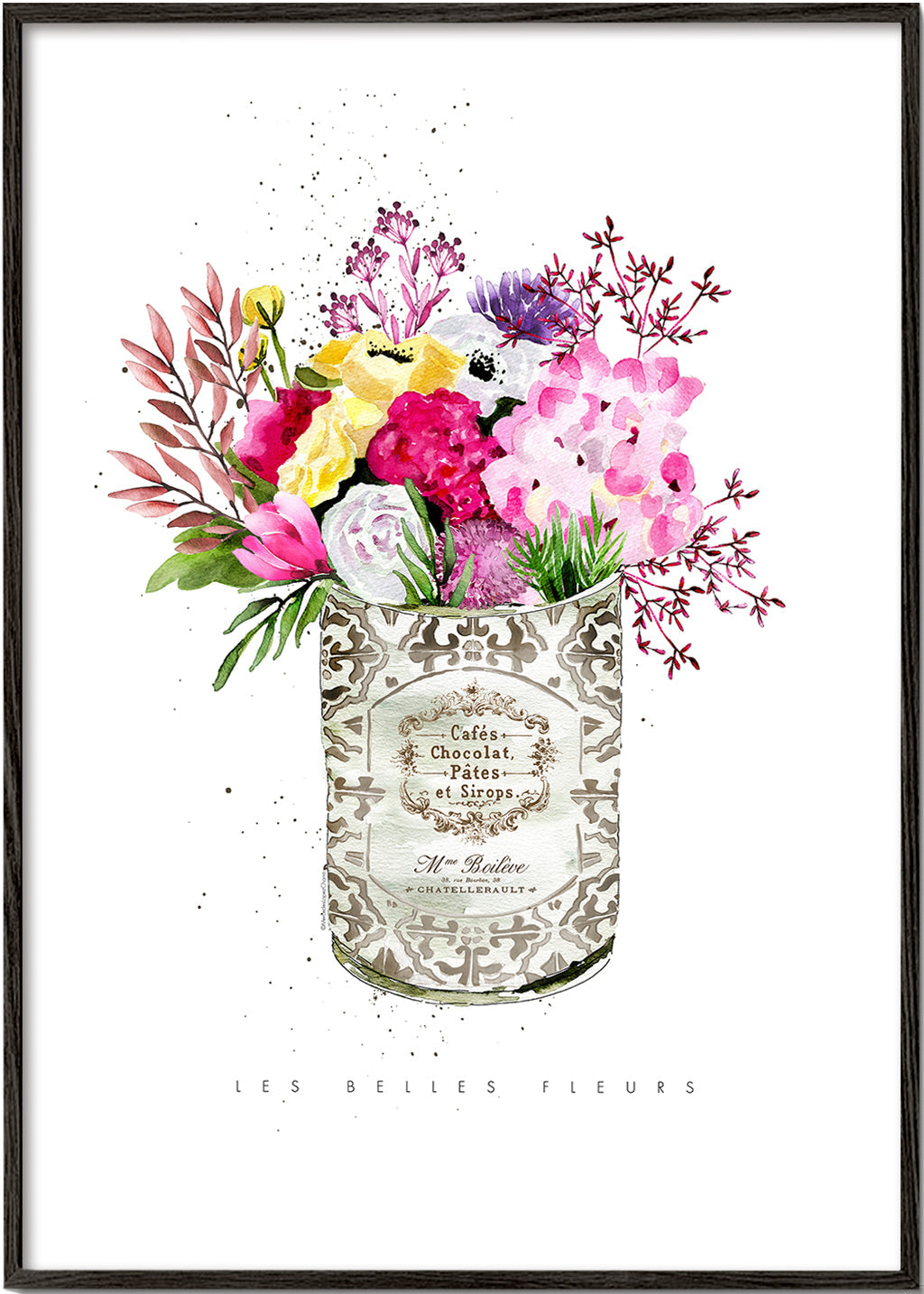 Botanische print in vintage blik met aquarelboeket