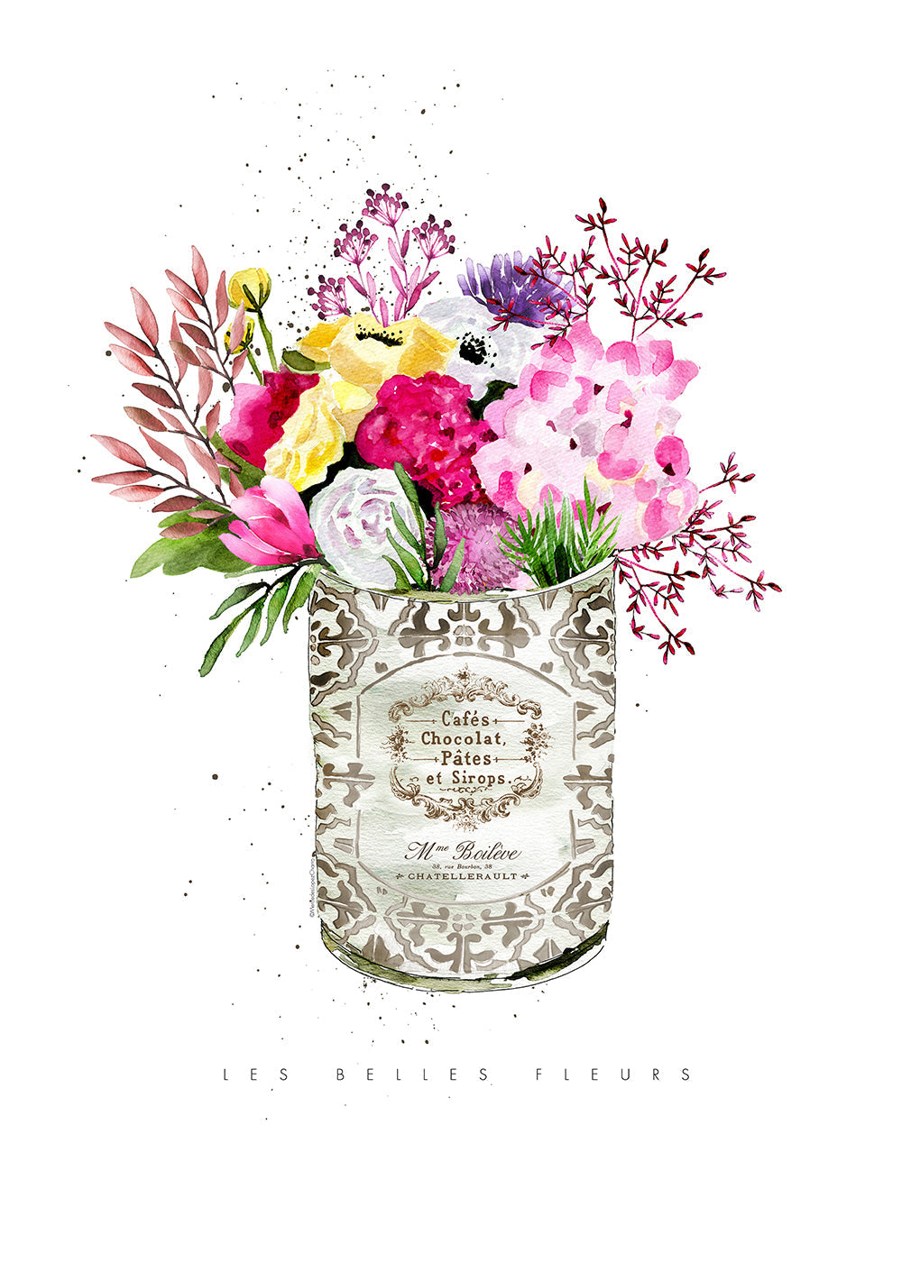 Botanische print in vintage blik met aquarelboeket