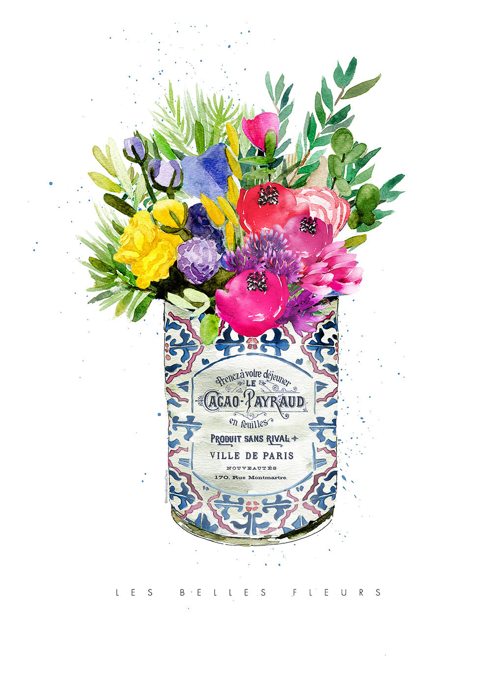 Botanische print in vintage blik met aquarelboeket