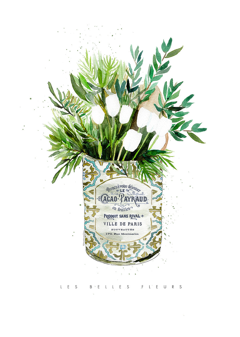 Botanische print witte tulpen in vintage blik