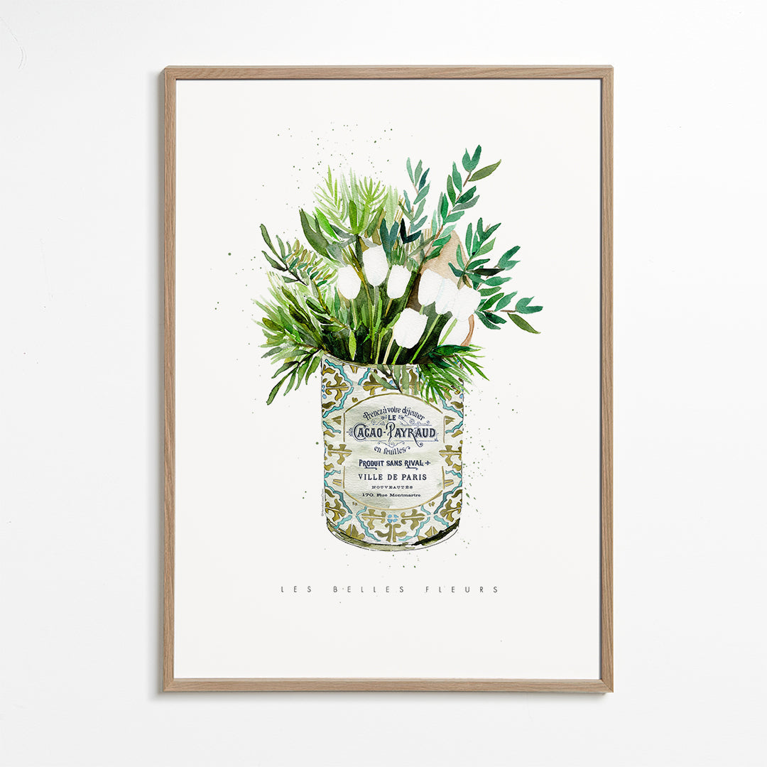 Botanische print witte tulpen in vintage blik