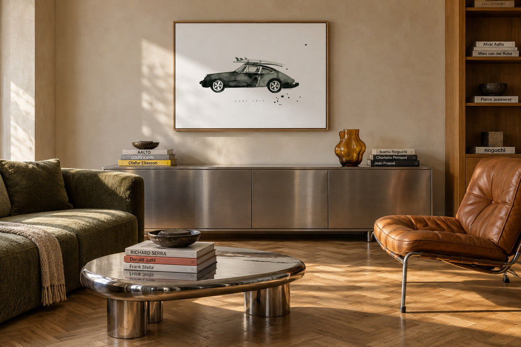 Surf Trip Porsche - Framed canvas in an interior