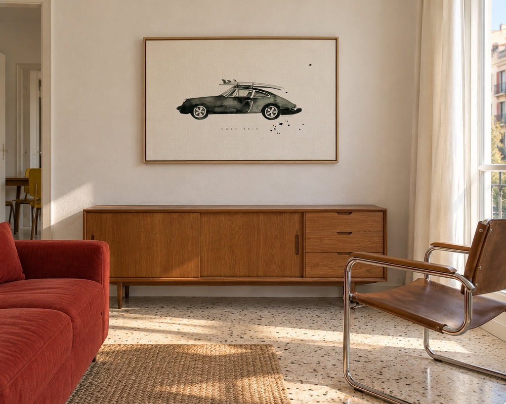 Surf Trip Porsche - Framed canvas in an interior