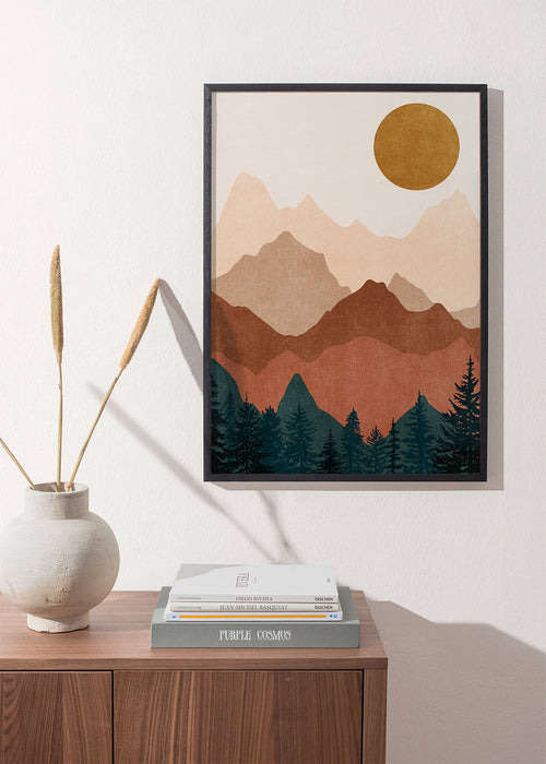 Landschapsposter met gelaagde bergsilhouetten