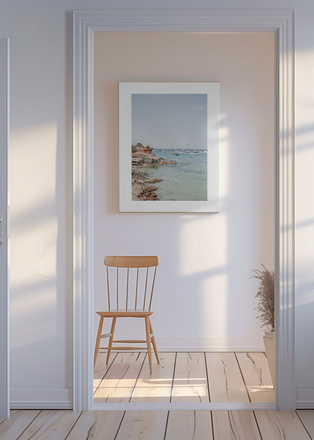 Landschap kunst: strand met zeilboten en zacht uitzicht