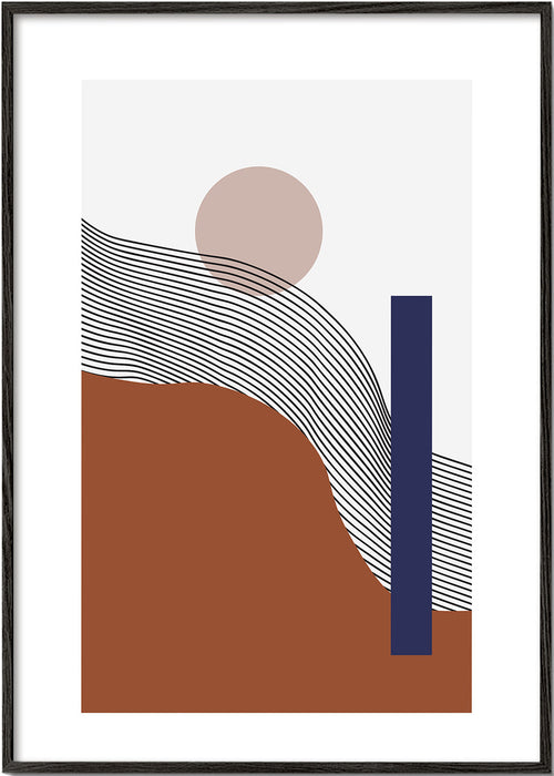 Geometrische poster met golvende lijnen en blauwe balk
