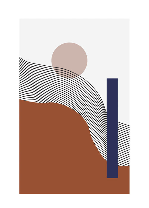 Geometrische poster met golvende lijnen en blauwe balk