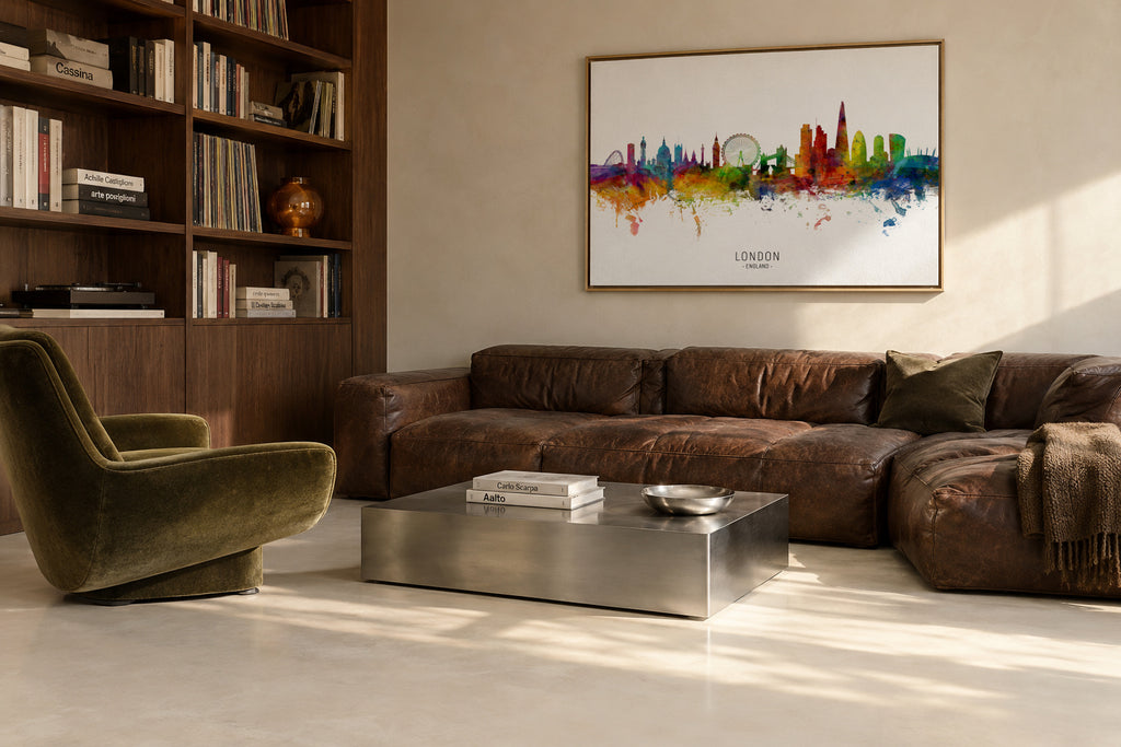 London Skyline multicolor - Framed canvas in an interior