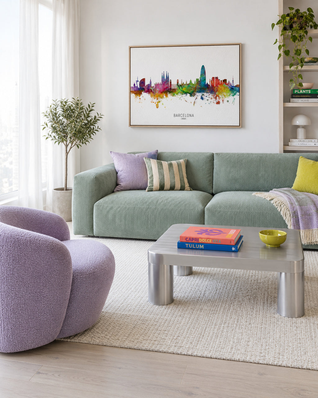Barcelona Skyline multicolor - Framed canvas in an interior