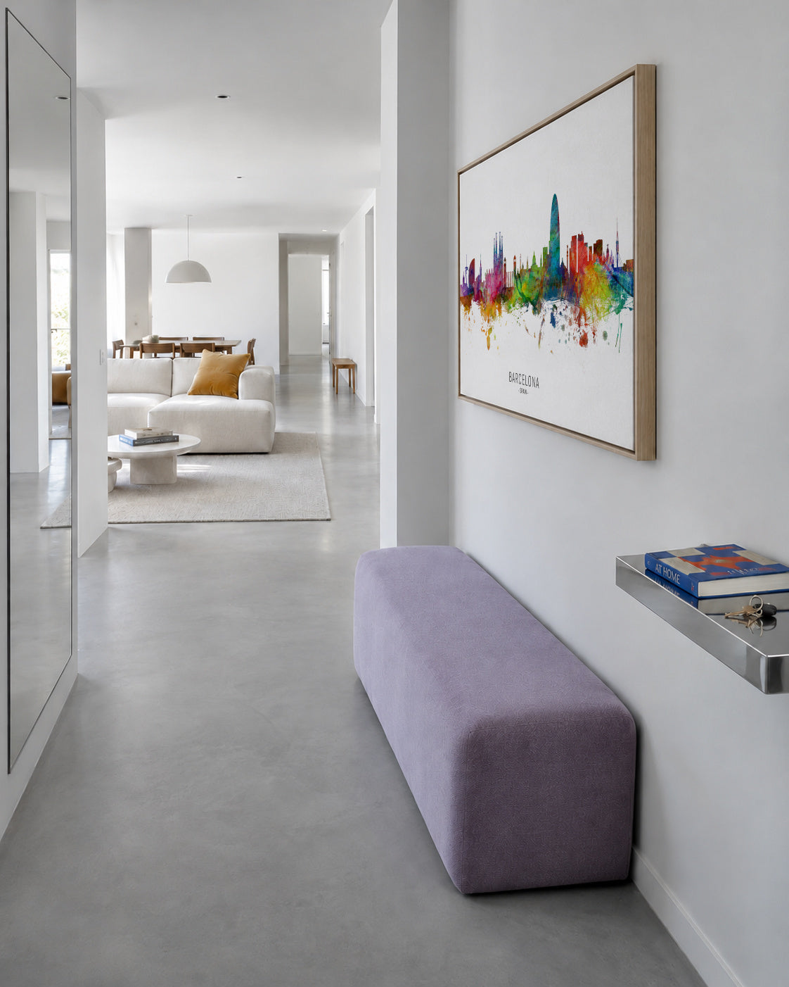Barcelona Skyline multicolor - Framed canvas in an interior