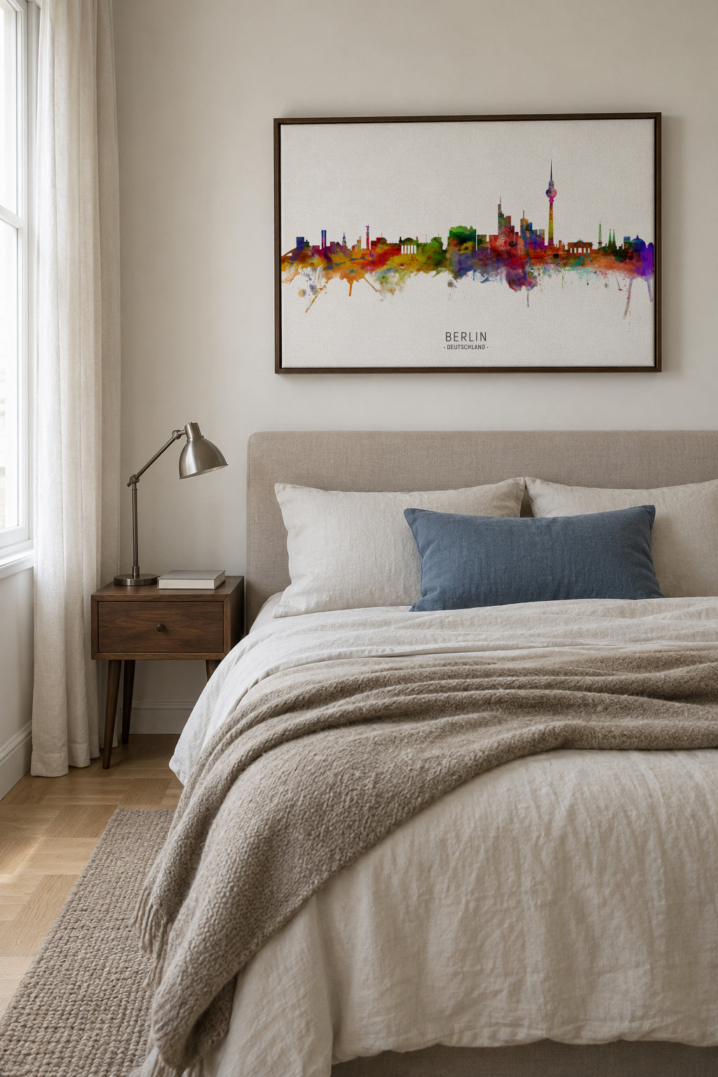 Berlin Skyline multicolor - Framed canvas in an interior