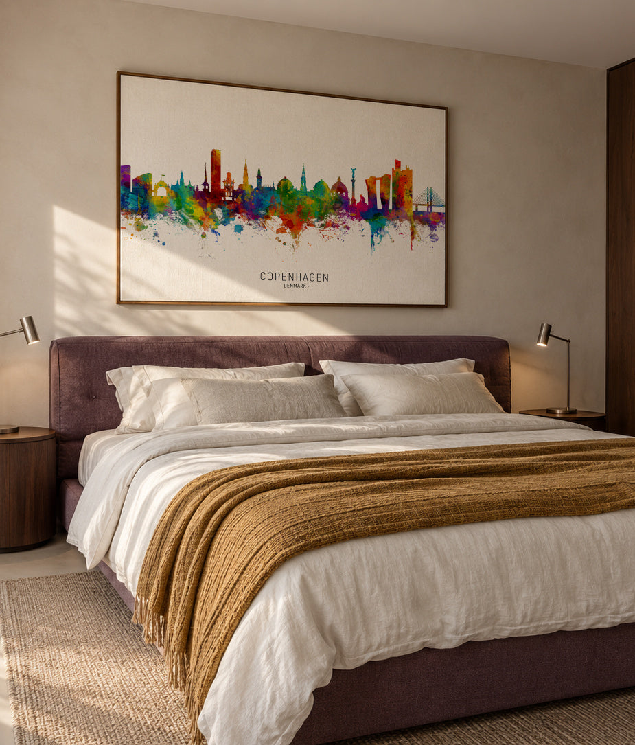 Copenhagen Skyline multicolor - Framed canvas in an interior