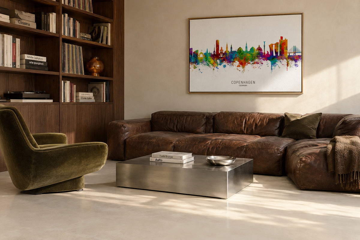 Copenhagen Skyline multicolor - Framed canvas in an interior