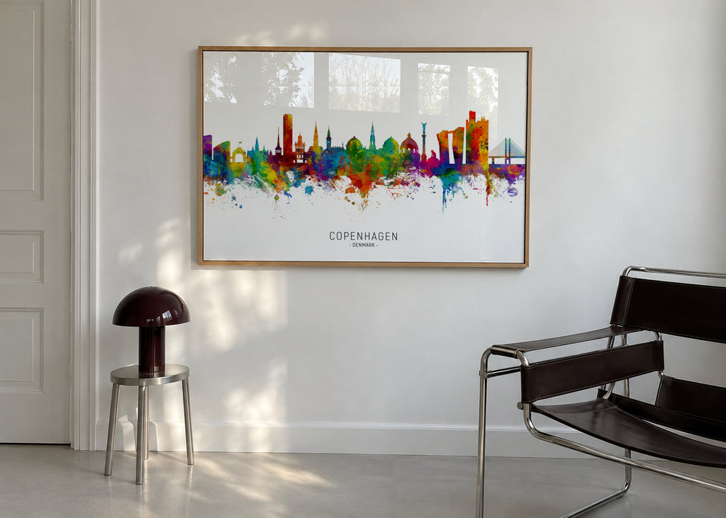Copenhagen Skyline multicolor - Framed poster in an interior