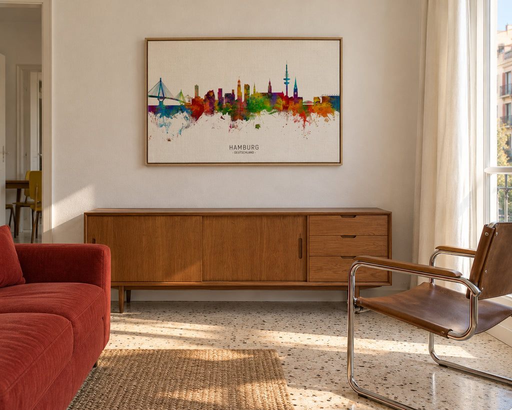 Hamburg Skyline multicolor - Framed canvas in an interior