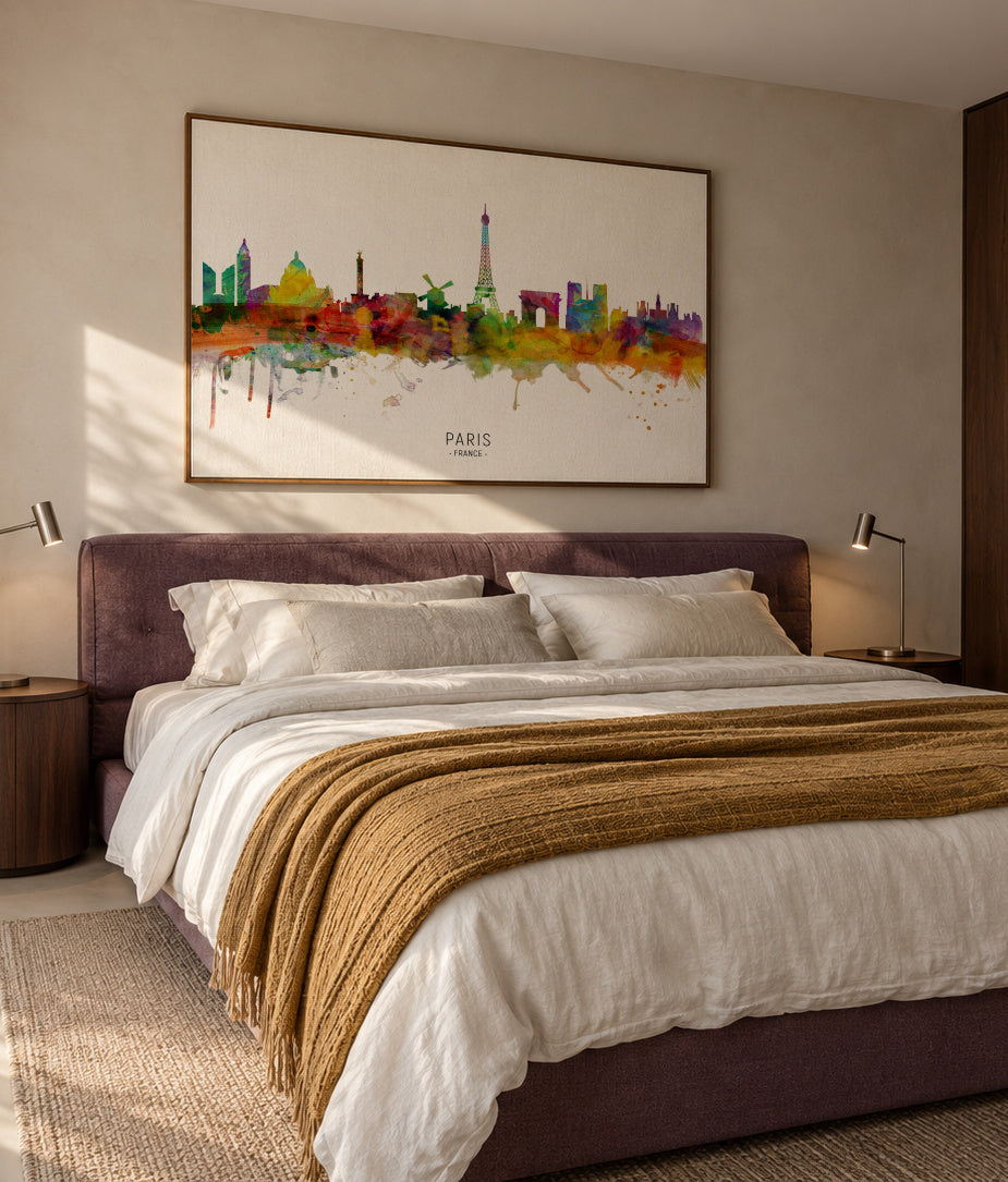 Paris Skyline multicolor - Framed canvas in an interior