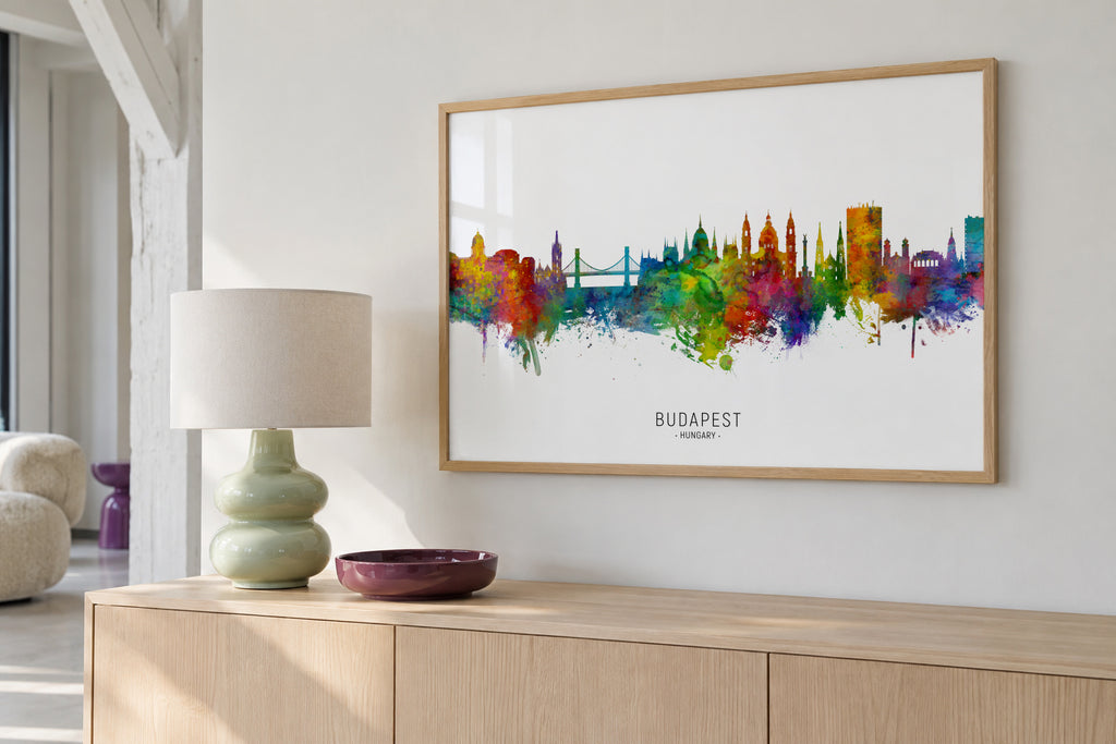 Budapest Skyline multicolor - Framed poster in an interior