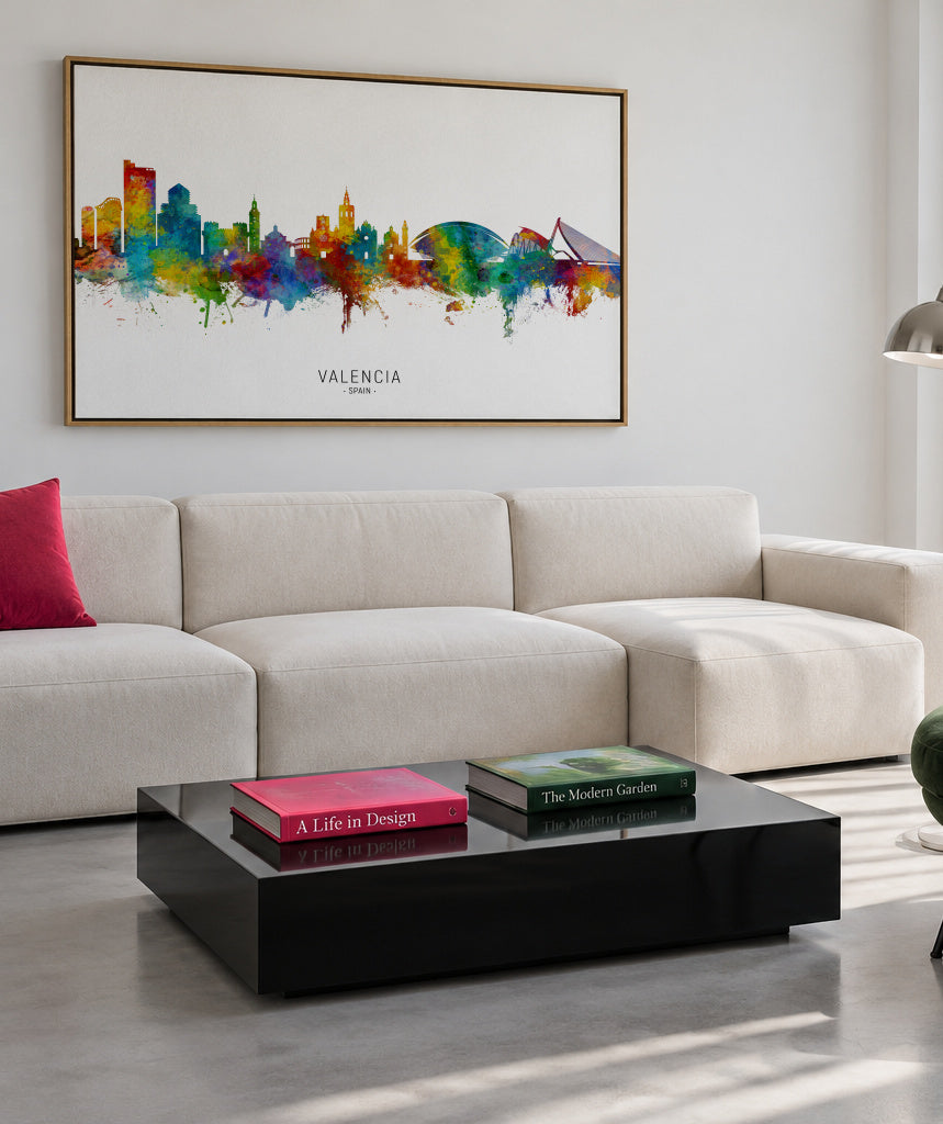 Valencia Skyline multicolor - Framed canvas in an interior