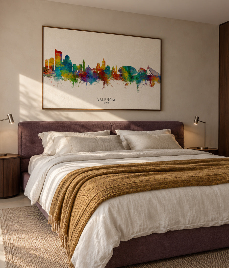 Valencia Skyline multicolor - Framed canvas in an interior