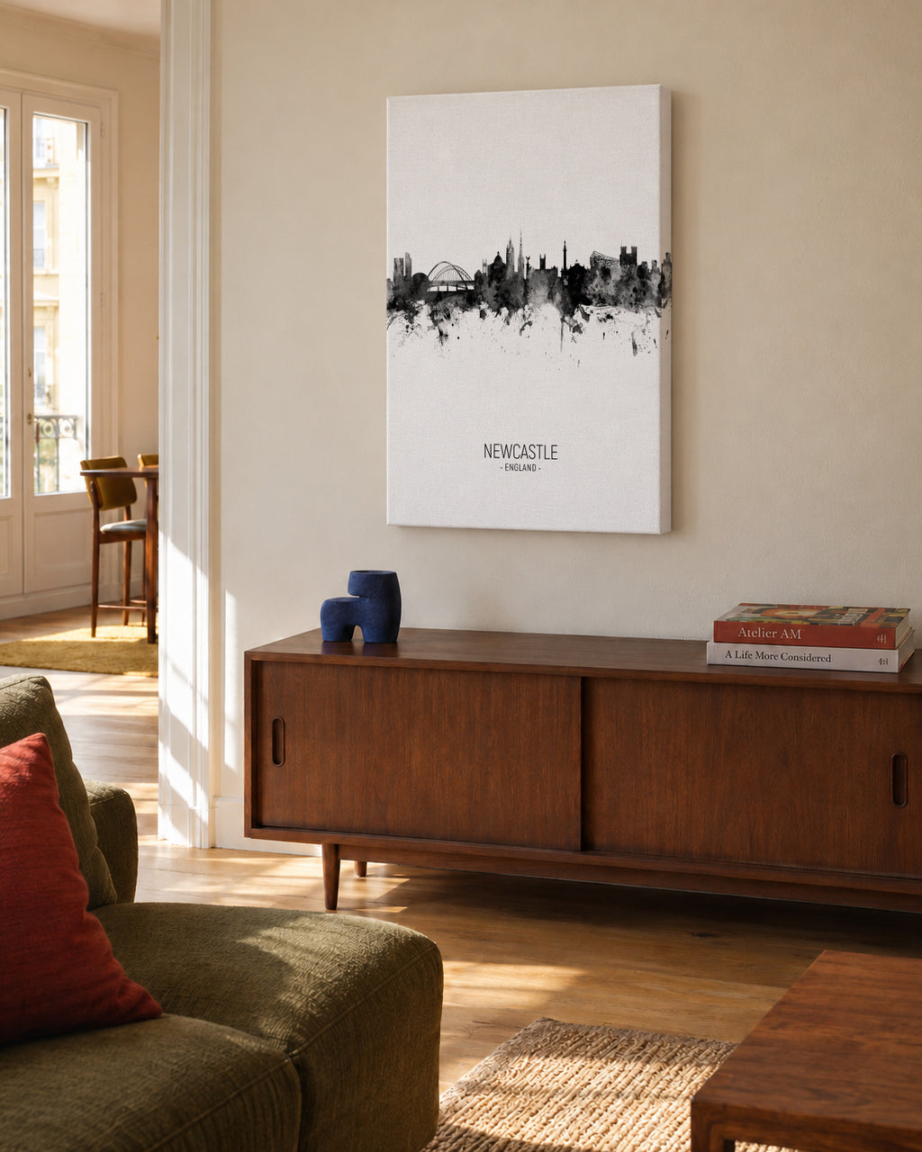 Newcastle Skyline en blanco y negro - Unframed canvas in an interior