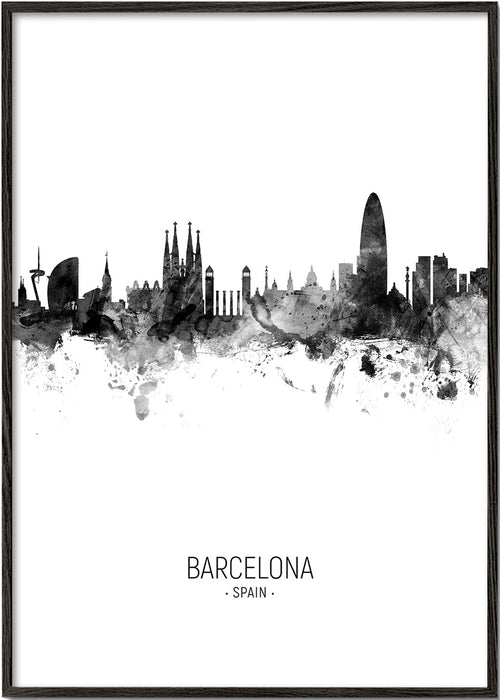 Stadskunst: Barcelona skyline in monochrome inkt