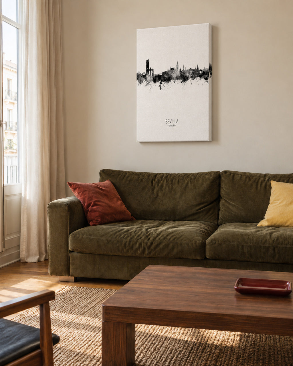 Sevilla Skyline en blanco y negro - Unframed canvas in an interior