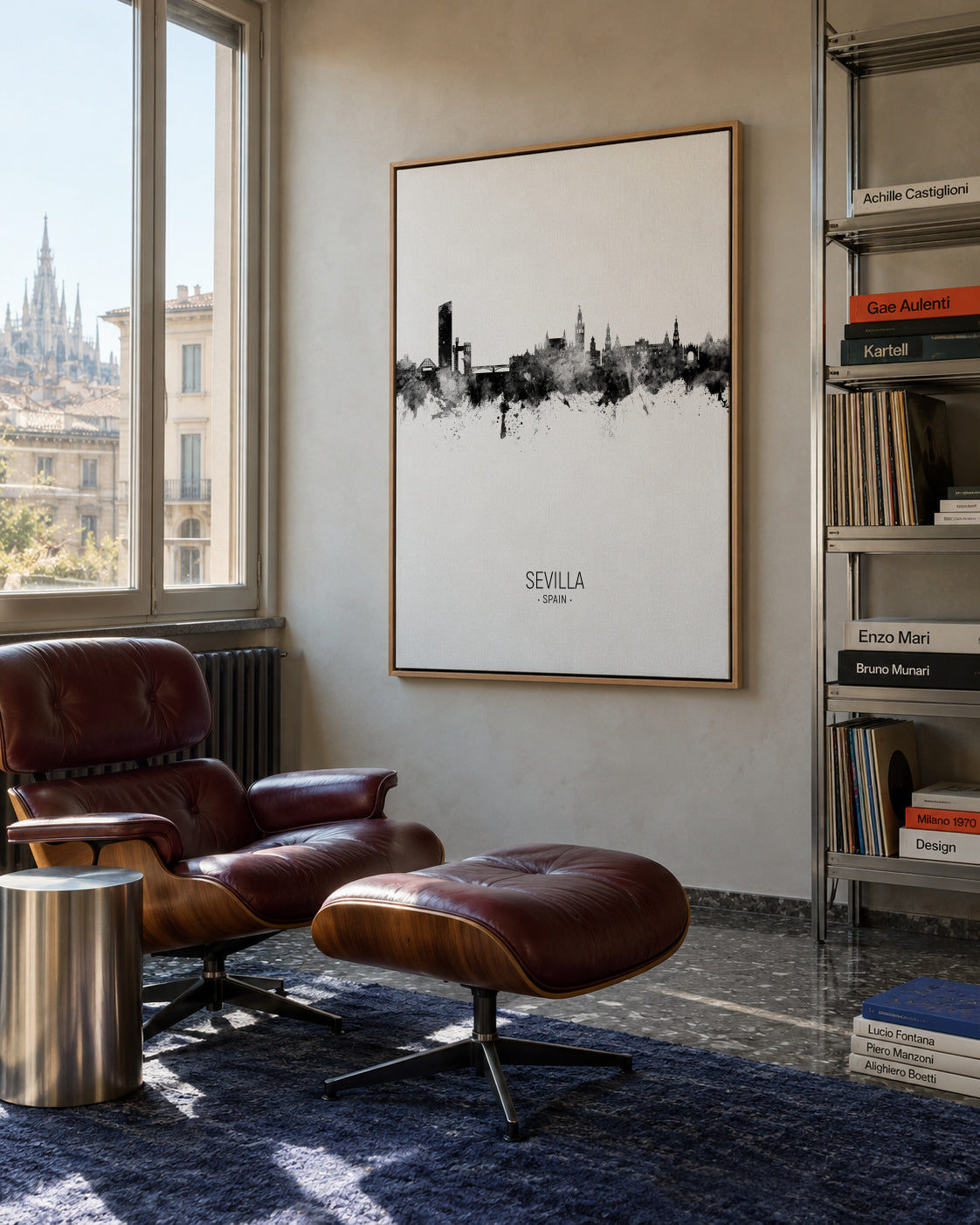 Sevilla Skyline en blanco y negro - Framed canvas in an interior
