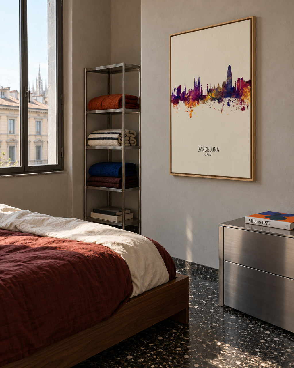 Barcelona Skyline en beige - Framed canvas in an interior