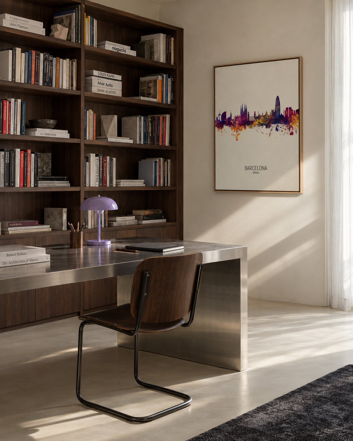Barcelona Skyline en beige - Framed canvas in an interior