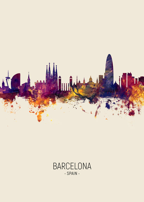Stadsprint Barcelona skyline aquarel beige