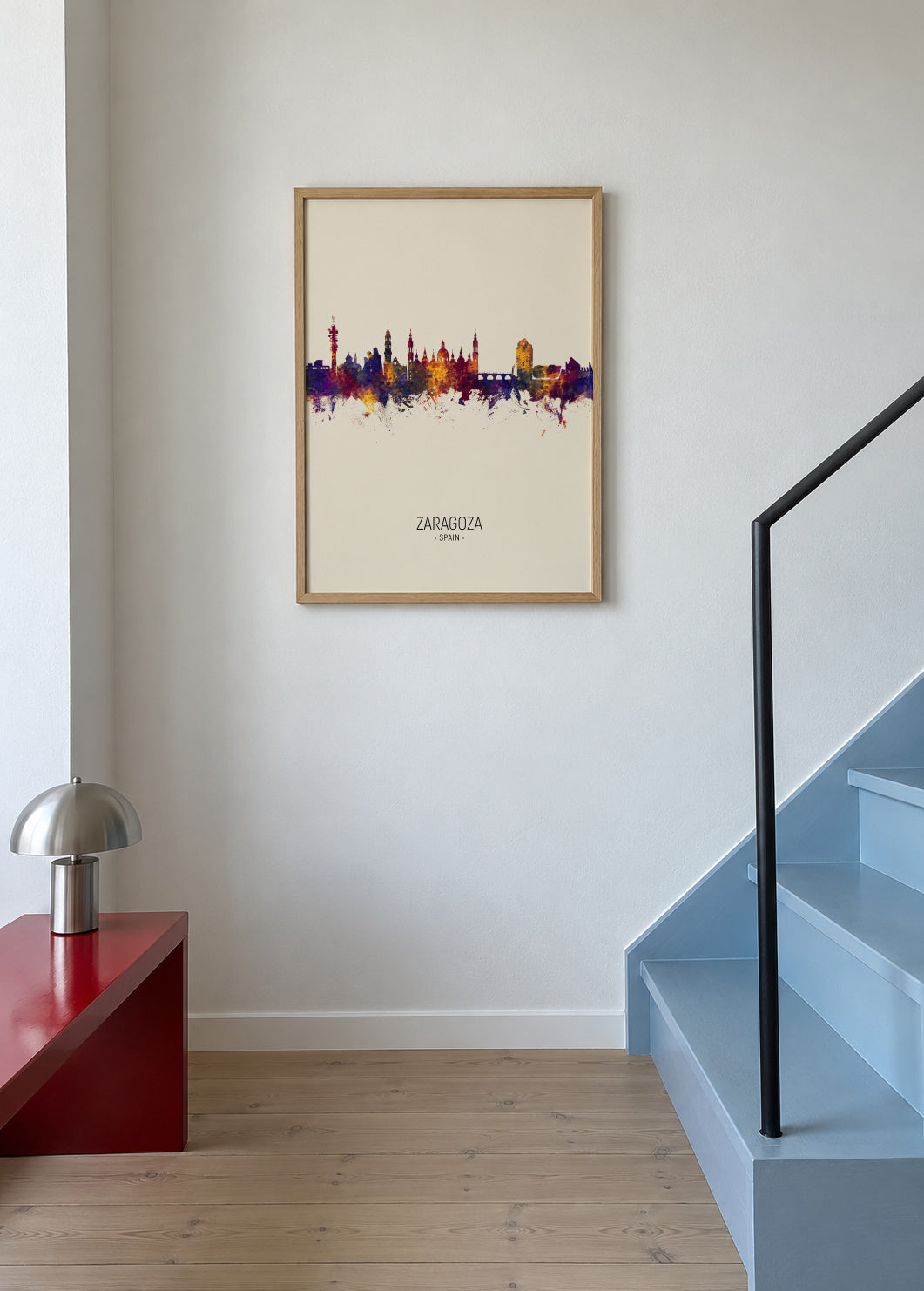 Zaragoza Skyline en beige - Framed poster in an interior