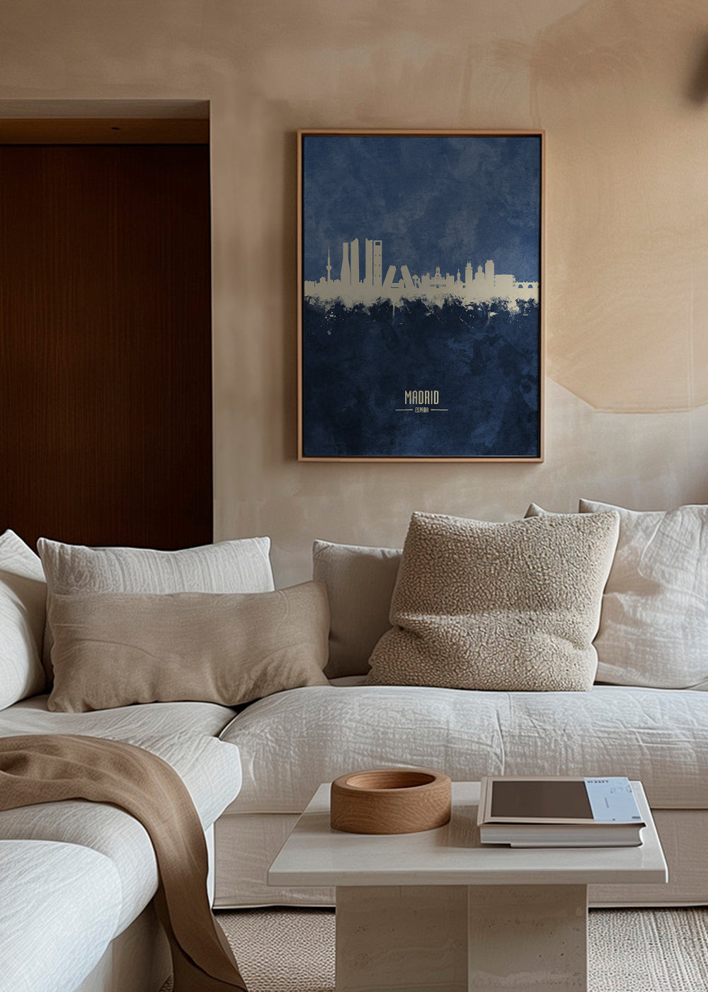 Travel poster Madrid skyline in blauw