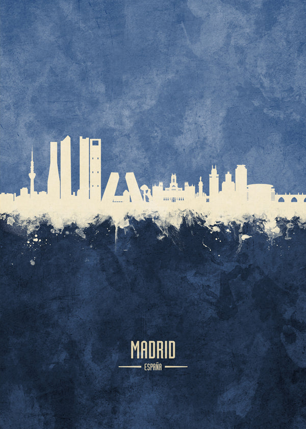 Travel poster Madrid skyline in blauw