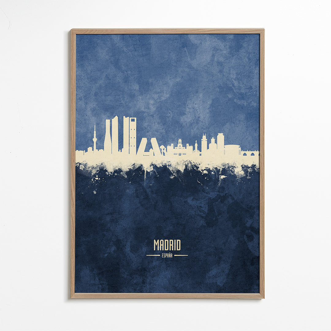 Travel poster Madrid skyline in blauw
