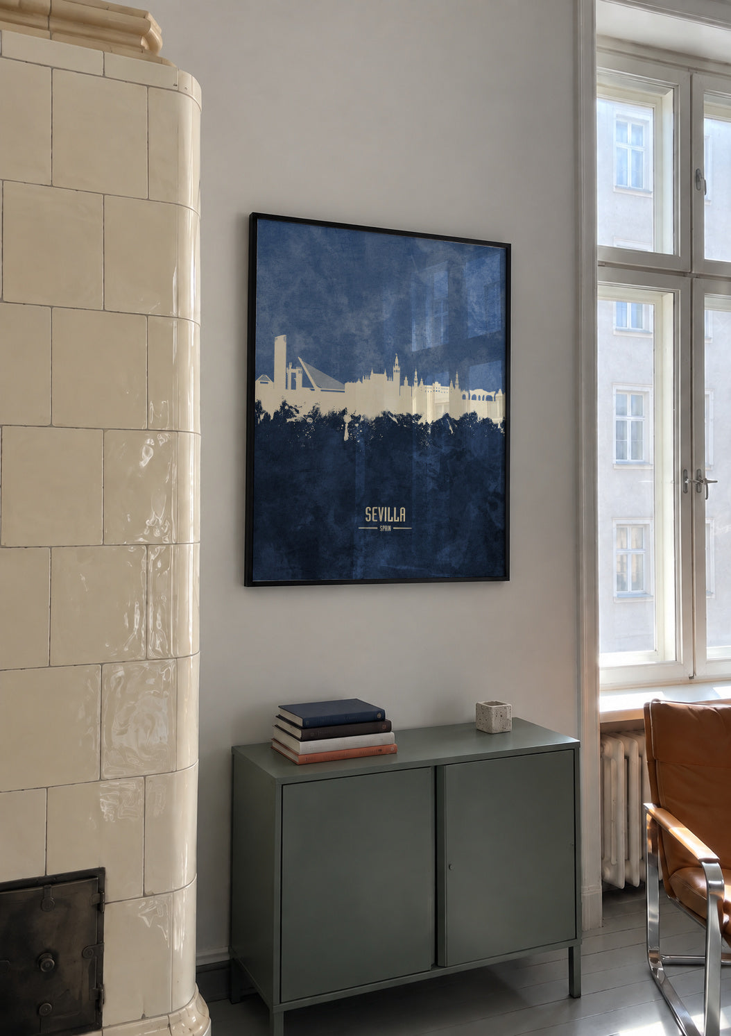 Sevilla Skyline Azul - Framed poster in an interior