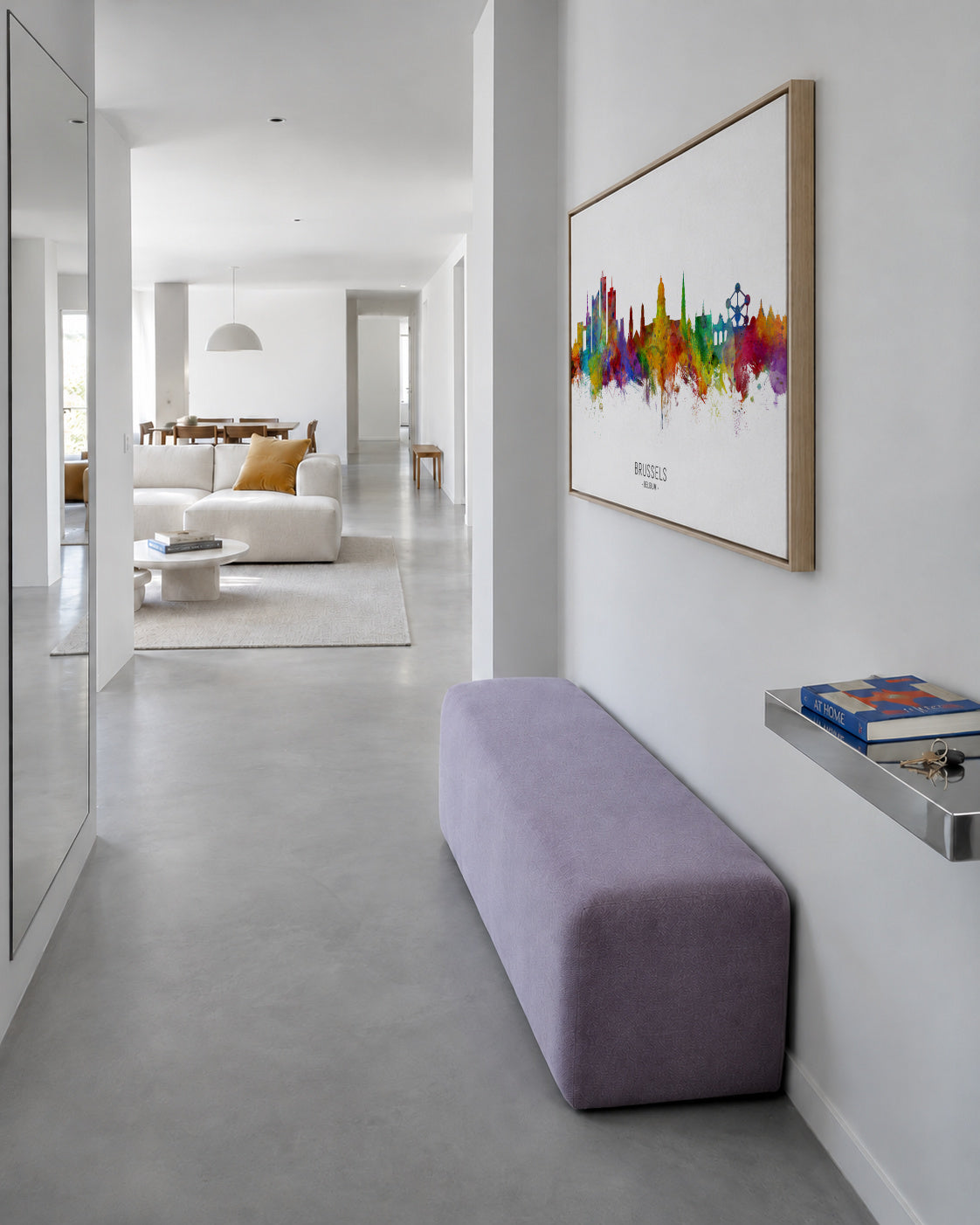 Brussels Skyline multicolor - Framed canvas in an interior