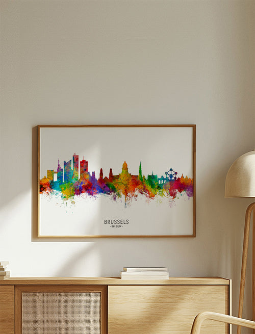 Stadsposter: Brusselse skyline in aquarel multicolor