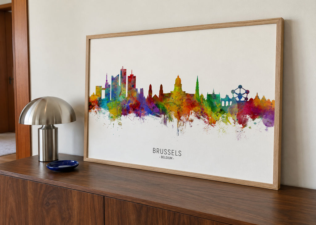 Brussels Skyline multicolor - Framed poster in an interior