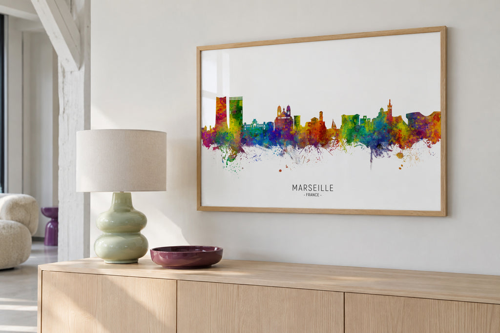 Marseille Skyline multicolor - Framed poster in an interior