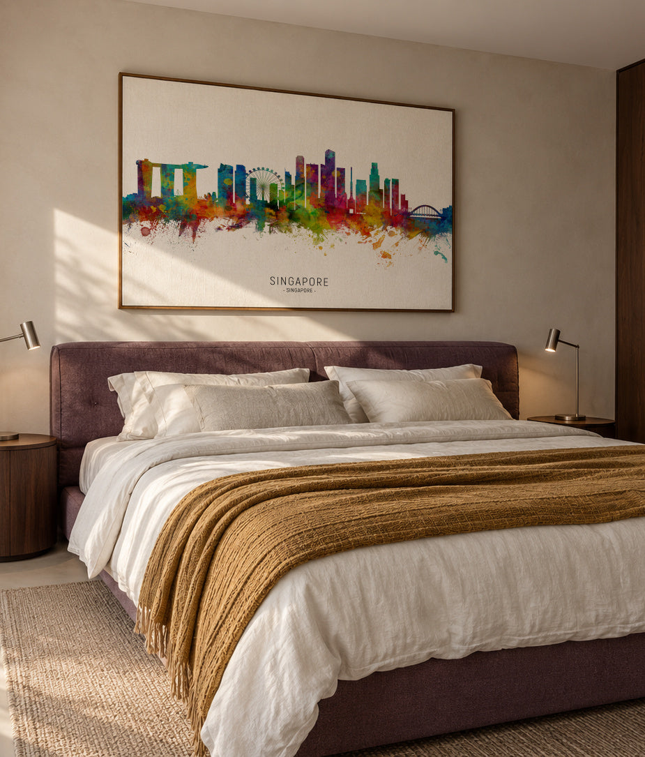 Singapore Skyline multicolor - Framed canvas in an interior