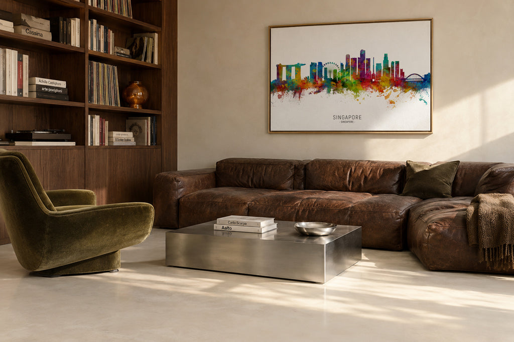 Singapore Skyline multicolor - Framed canvas in an interior